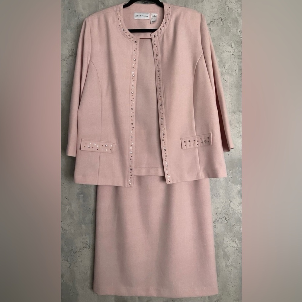 VTG ALFRED DUNNER 2pc Pink Open Beaded Jacket Elastic Waist Skirt Suit S12